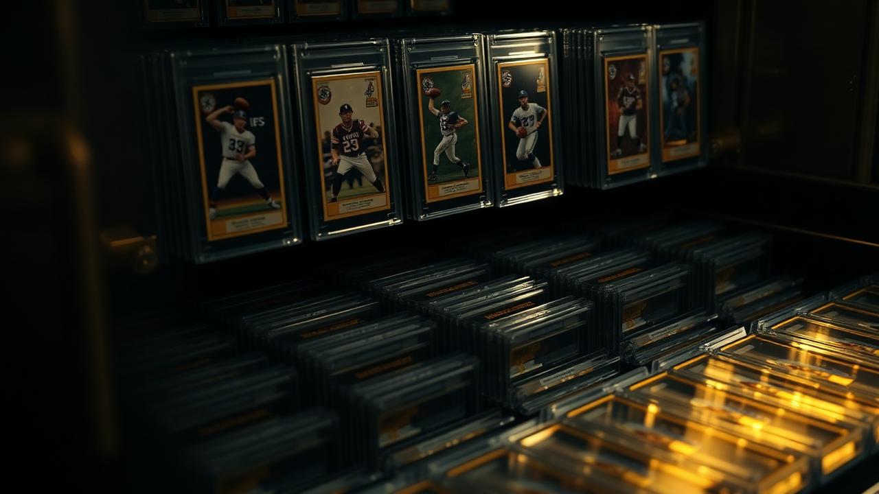 Rows of slabbed cards stored in a collector vault