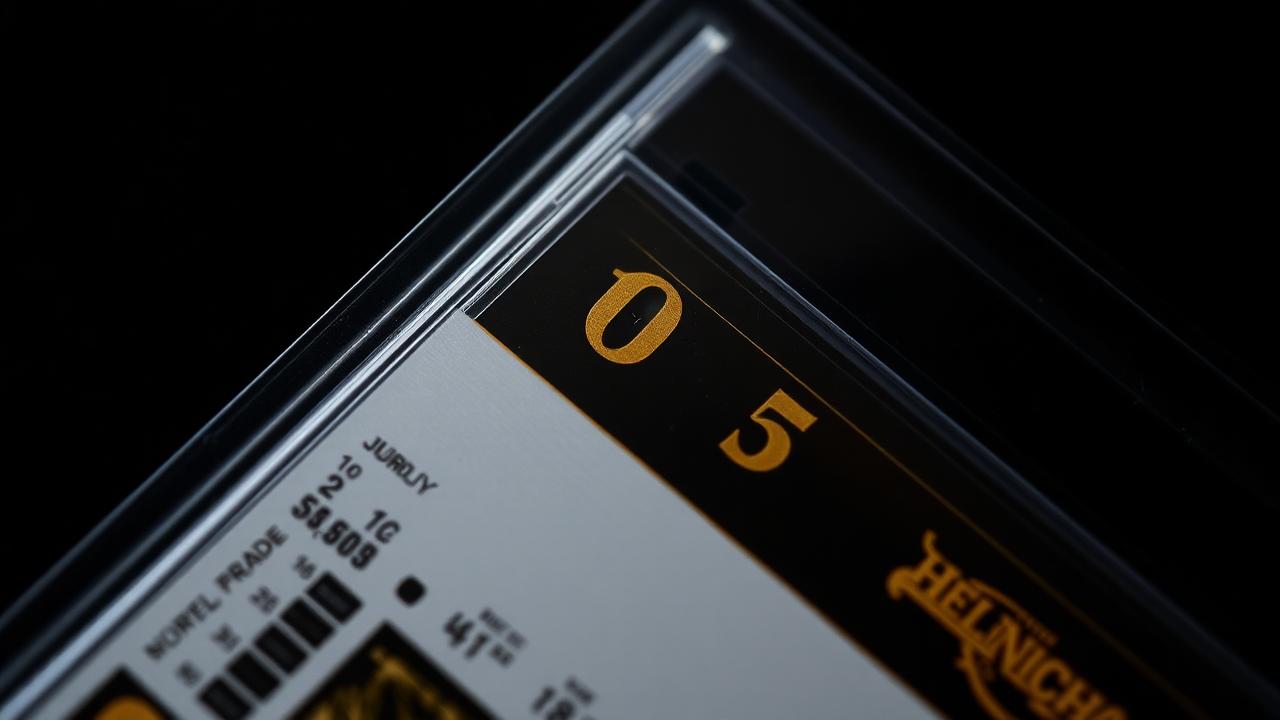 Macro view of a graded slab label with measurement lines