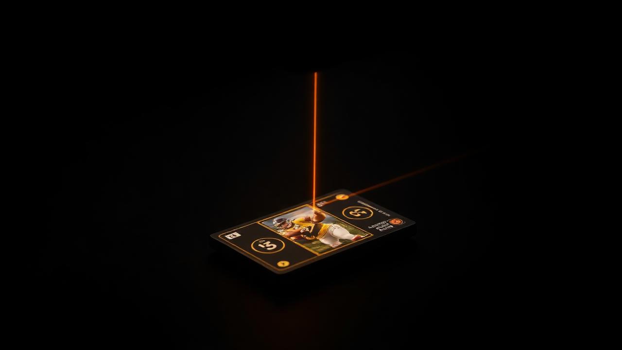 Card positioned flat under a scanning laser line